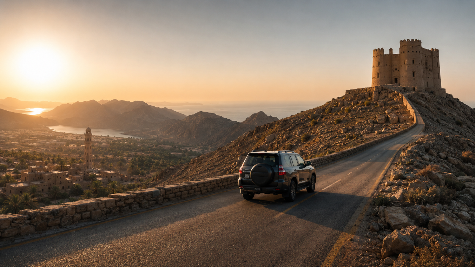 Car driving through the mountains of Ras Al Khaimah with Dhayah Fort