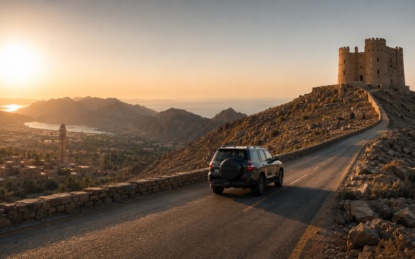 Car driving through the mountains of Ras Al Khaimah with Dhayah Fort